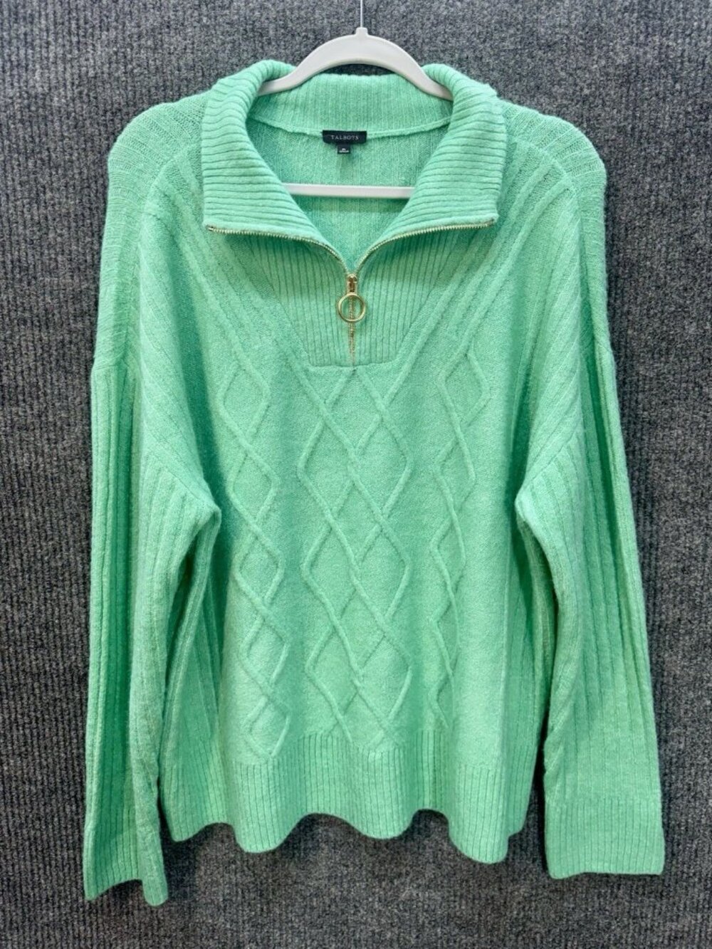 Talbots Cable Knit Half Zip Sweater Top Womens XL Mint Green Pullover Cozy Soft